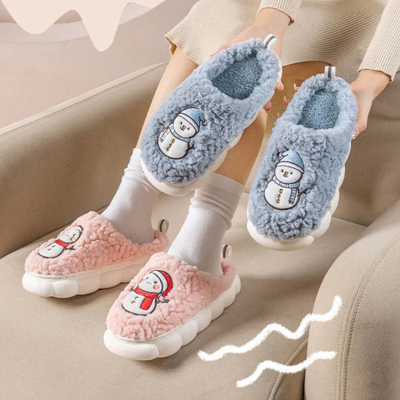 Pantoufles mignonnes de bonhomme de neige pour l'hiver, intérieur, en peluche chaude, à semelles épaisses, antidérapantes, pantoufle de maison, chaussures de maison