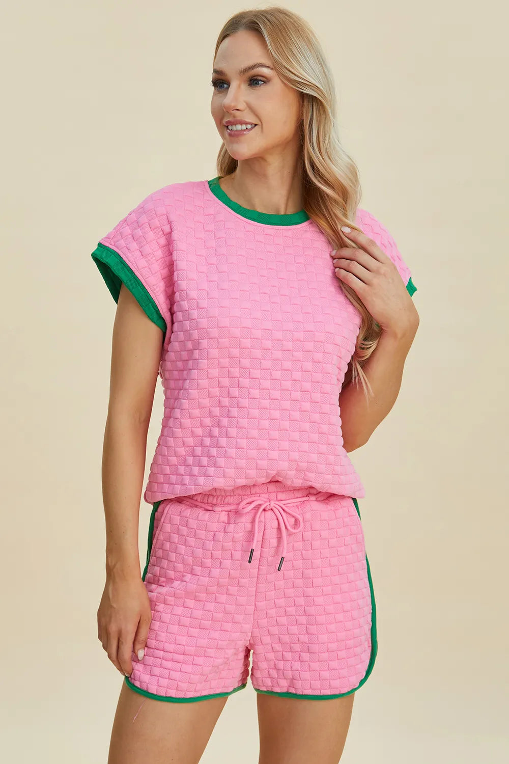 Double Take Full Size Texture Contrast T-Shirt and Shorts Set - Enfance-Heureuse