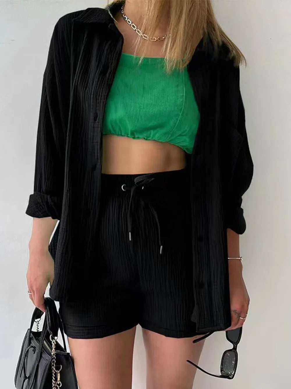 Texture Button Up Shirt and Drawstring Shorts Set - Enfance-Heureuse