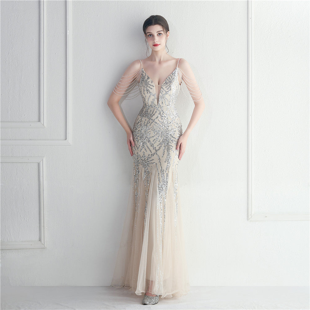 Mesh Beaded Bridal Wedding Dinner Long Camisole Evening Gown - Enfance-Heureuse
