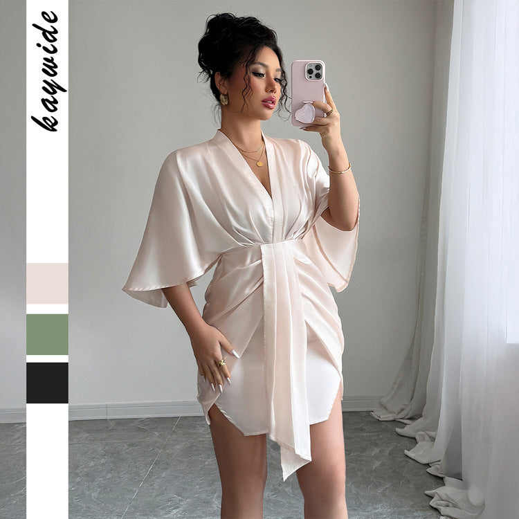 High-end Simple Style Deep V Waist Wide Sleeve Hip Skirt Dress - Enfance-Heureuse