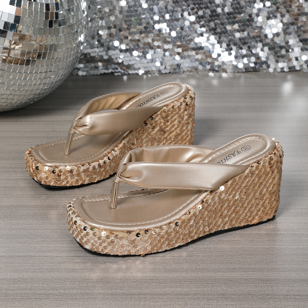 High Heels Wedge Sandals With Sequins Shiny Height Increasing Platform Flip Flops Women's Thick Bottom Shoes Beach Summer - Enfance-Heureuse