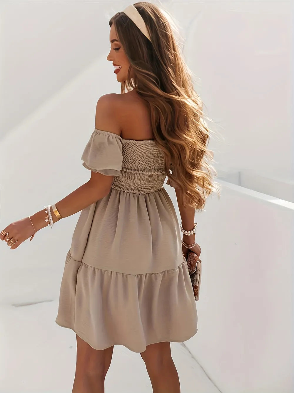 Full Size Ruffled Off-Shoulder Short Sleeve Dress - Enfance-Heureuse