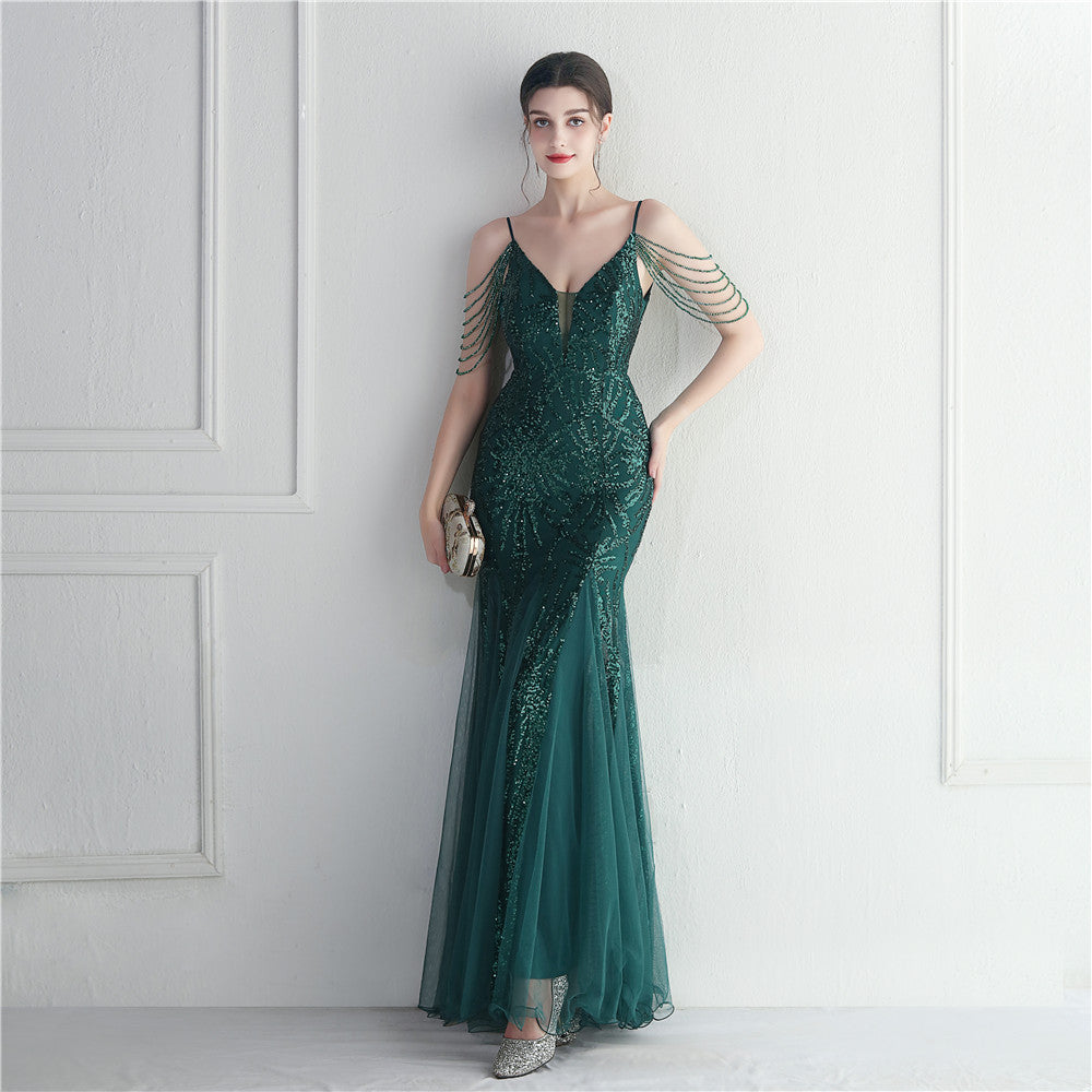 Mesh Beaded Bridal Wedding Dinner Long Camisole Evening Gown - Enfance-Heureuse
