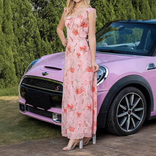 Floral Lace Waist Trimming Lace Up Backless Dress - Enfance-Heureuse