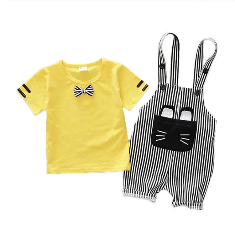 Factory direct handsome children's clothing Korean male baby cartoon strap two-piece suit cotton one generation A128 