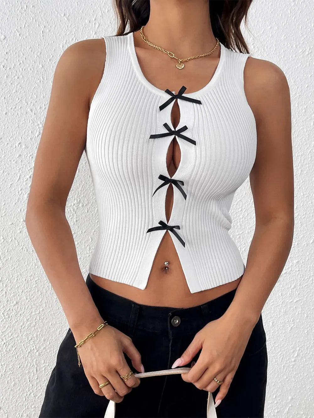 Perfee Bow Front Round Neck Tank - Enfance-Heureuse