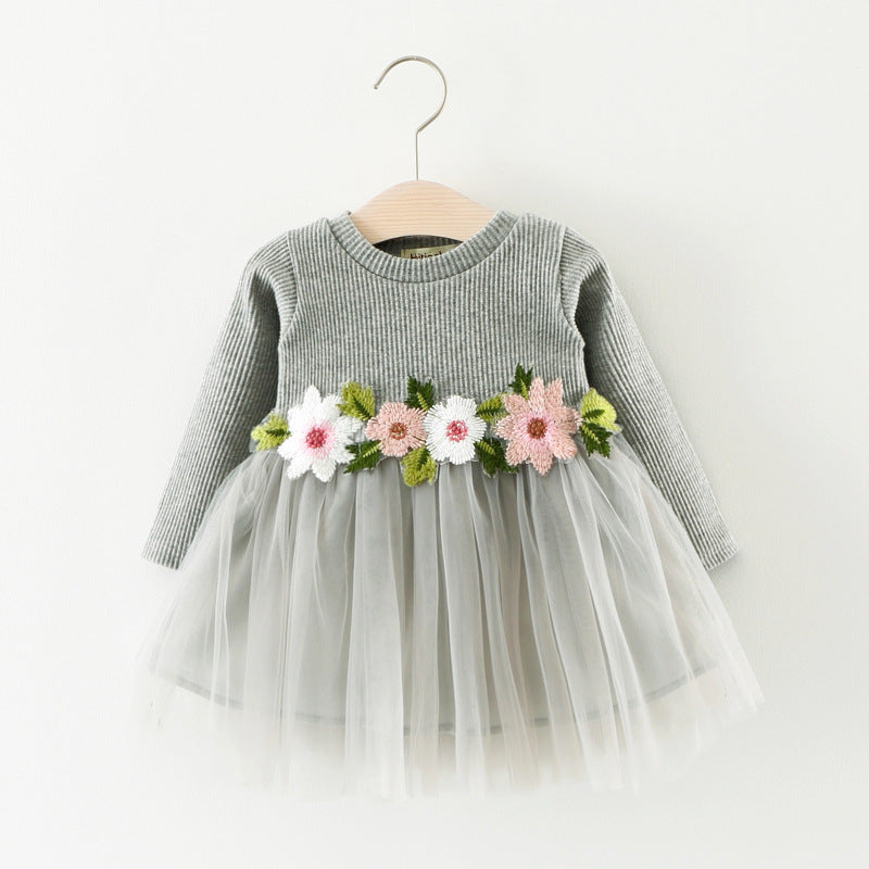 A031 nuevos fabricantes de otoño que venden falda de bebé vestido de princesa de manga larga con flores en la cintura para niños