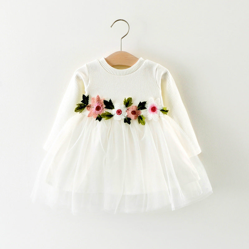 A031 nuevos fabricantes de otoño que venden falda de bebé vestido de princesa de manga larga con flores en la cintura para niños