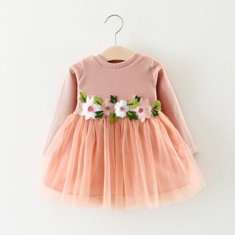 A031 nuevos fabricantes de otoño que venden falda de bebé vestido de princesa de manga larga con flores en la cintura para niños