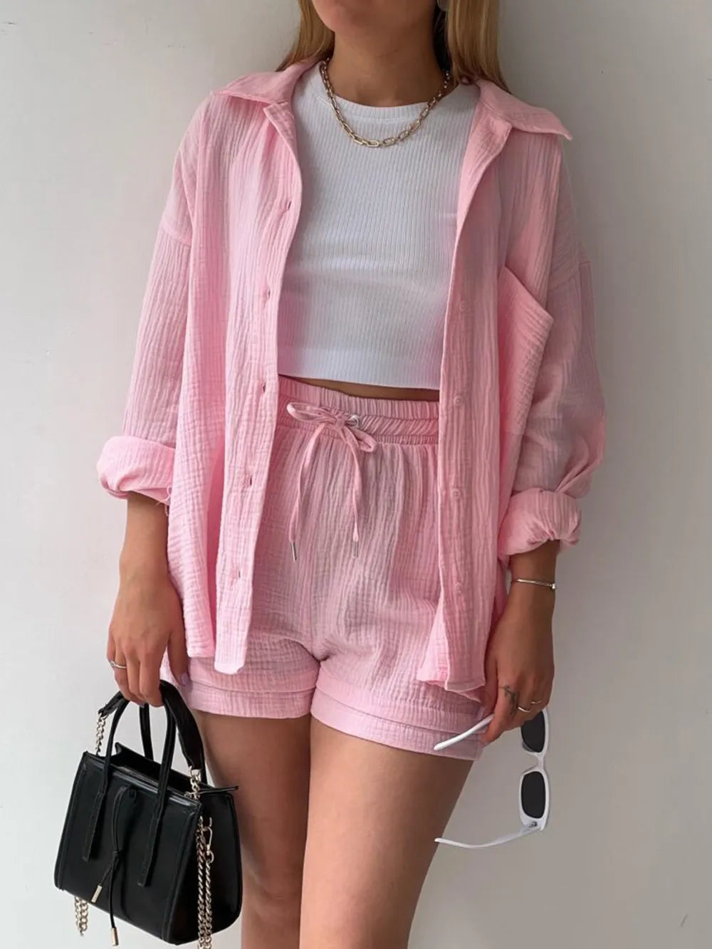 Texture Button Up Shirt and Drawstring Shorts Set - Enfance-Heureuse