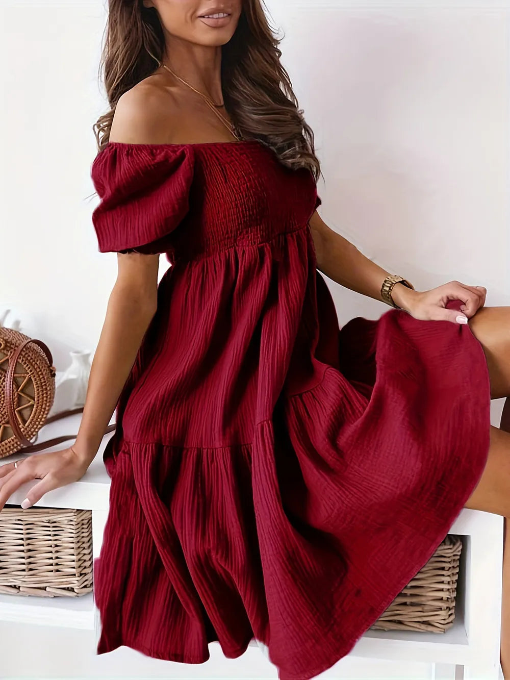 Full Size Ruffled Off-Shoulder Short Sleeve Dress - Enfance-Heureuse