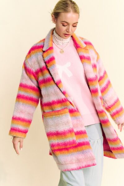 Davi & Dani Contrast Striped Open Front Coat with Pockets - Enfance-Heureuse