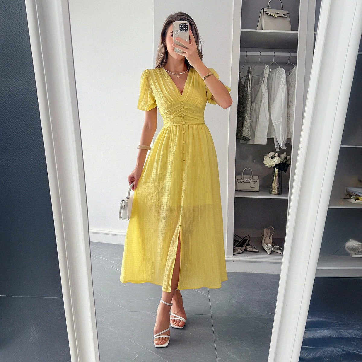 Elegant Vacation Style Deep V Short Sleeve Maxi Dress - Enfance-Heureuse