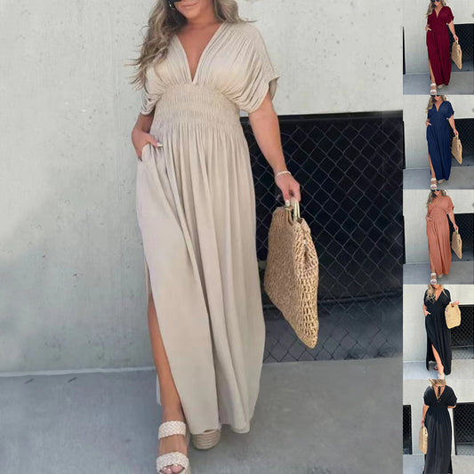 Fashion Bat-sleeved V-neck Slit Dress Summer Short Sleeve Elastic Waist Long Dresses Womens Clothing - Enfance-Heureuse