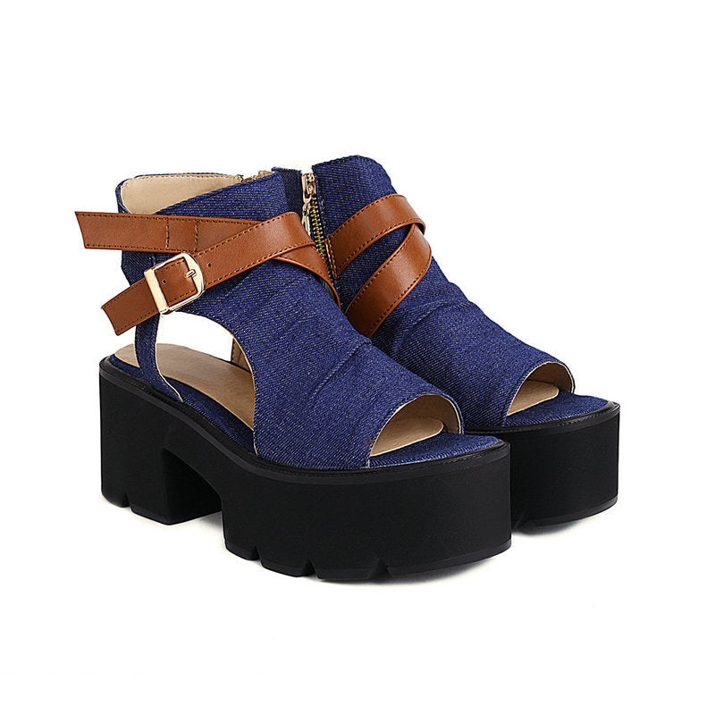 Denim Women's Sandals Leather Ring Strap Peep Toe Cool - Enfance-Heureuse
