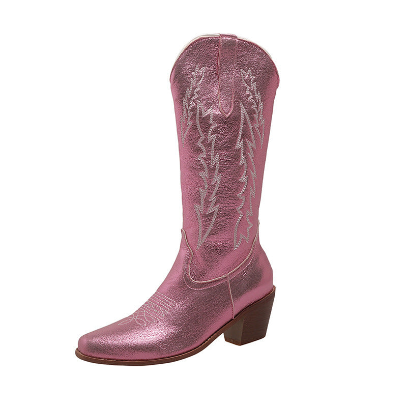 European And American Women's Mid-calf Fluorescent Pointed Knight Boots Chunky Heel Shoes Boots - Enfance-Heureuse