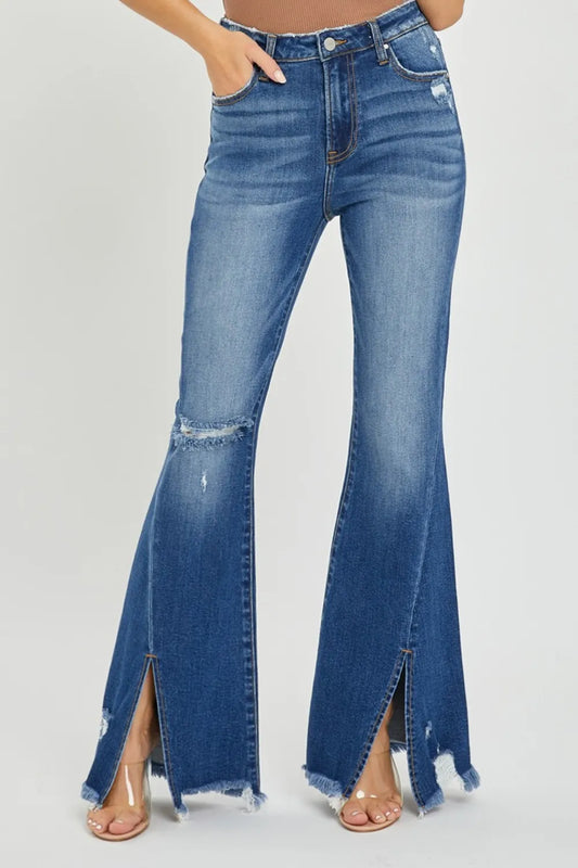 RISEN Full Size High Rise Front Slit Frayed Hem Flare Jeans - Enfance-Heureuse