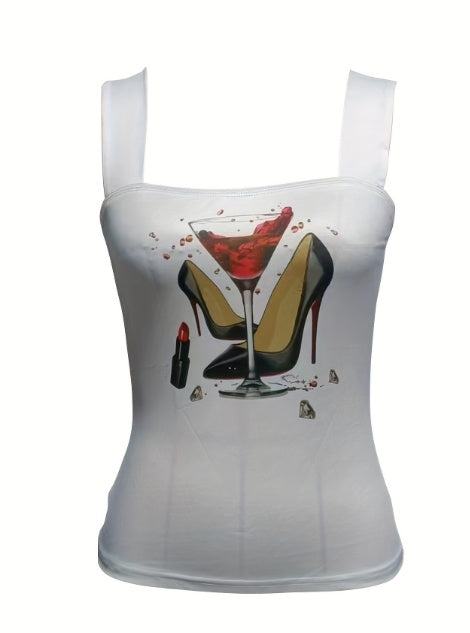 Ladies' Fashionable And Versatile Wide Shoulder Strap High Heels, Red Wine Lipstick Printed Pattern Camisole Vest - Enfance-Heureuse