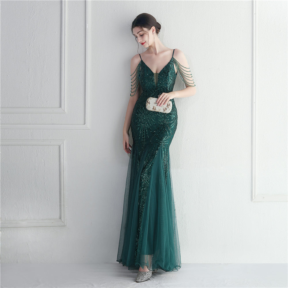 Mesh Beaded Bridal Wedding Dinner Long Camisole Evening Gown - Enfance-Heureuse