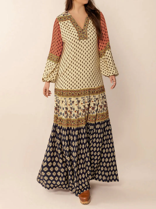 Printed V-Neck Balloon Sleeve Maxi Dress - Enfance-Heureuse