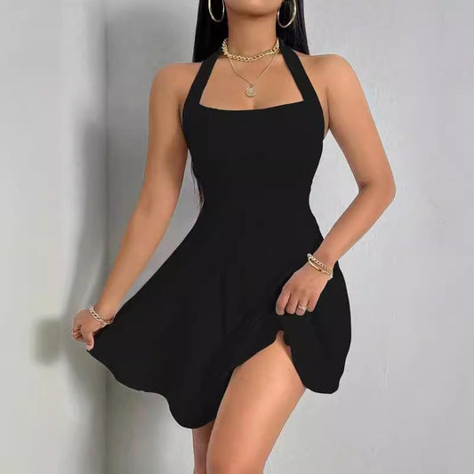 Pure Color Halter Backless Sleeveless Dress - Enfance-Heureuse