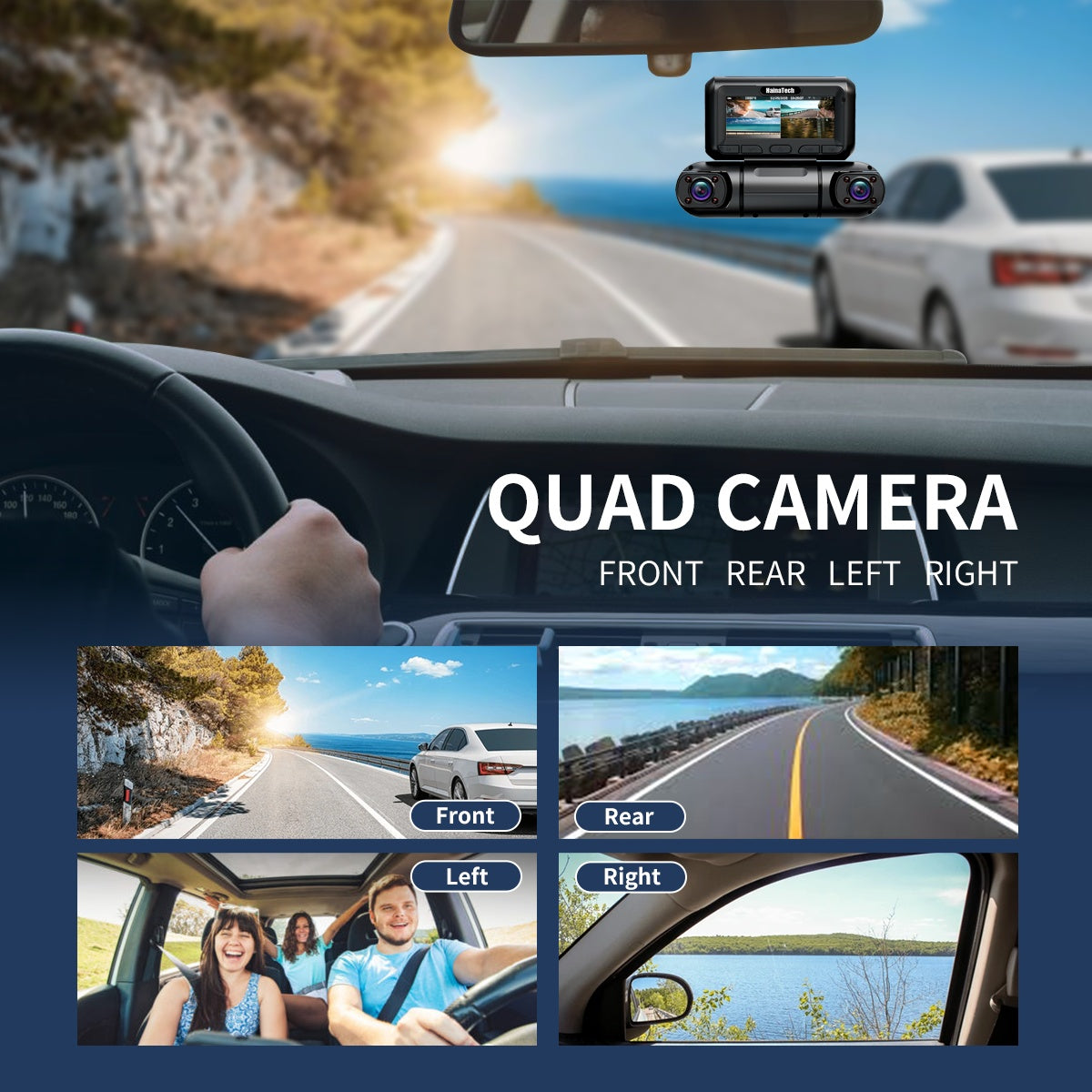 Hainatech 360 Degree View 4 Channel Dash Cam Front And Rear Inside Left Right, Dash Camera For Cars, Built-in GPS WiFi Night Vision, 24 7 Recording Parking Mode Monitor, Free 128G Card - Enfance-Heureuse