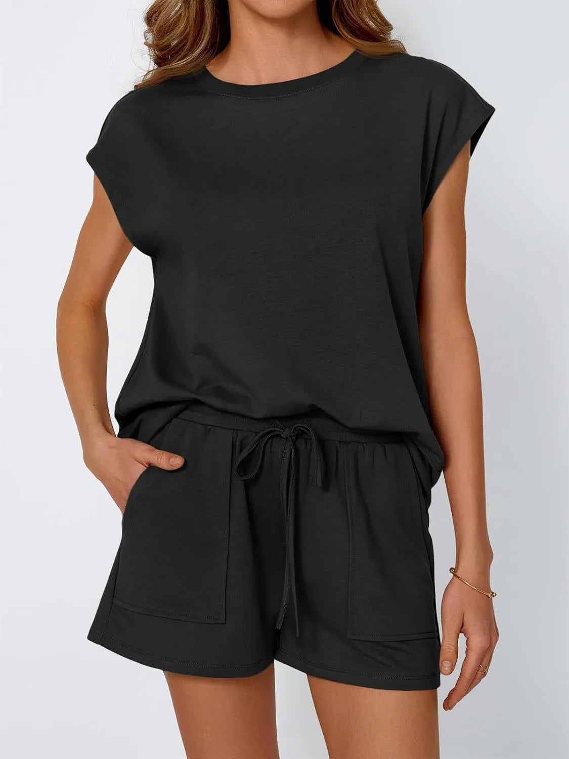 Round Neck Cap Sleeve Top and Shorts Set - Enfance-Heureuse