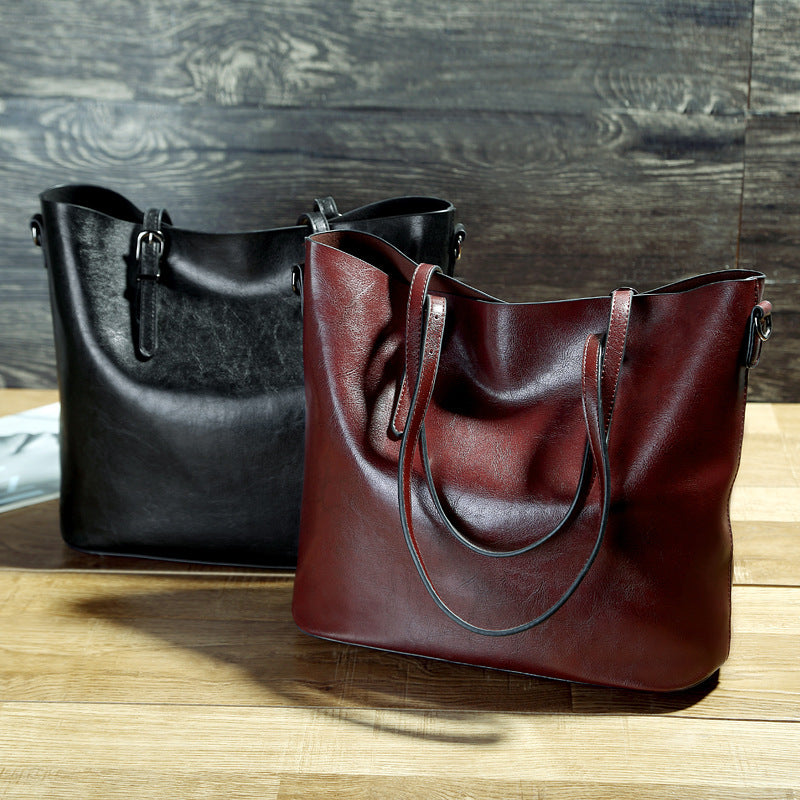 Simple Oil Wax Leather Messenger Shoulder Bags Women's High Capacity Portable Tote Bag - Enfance-Heureuse