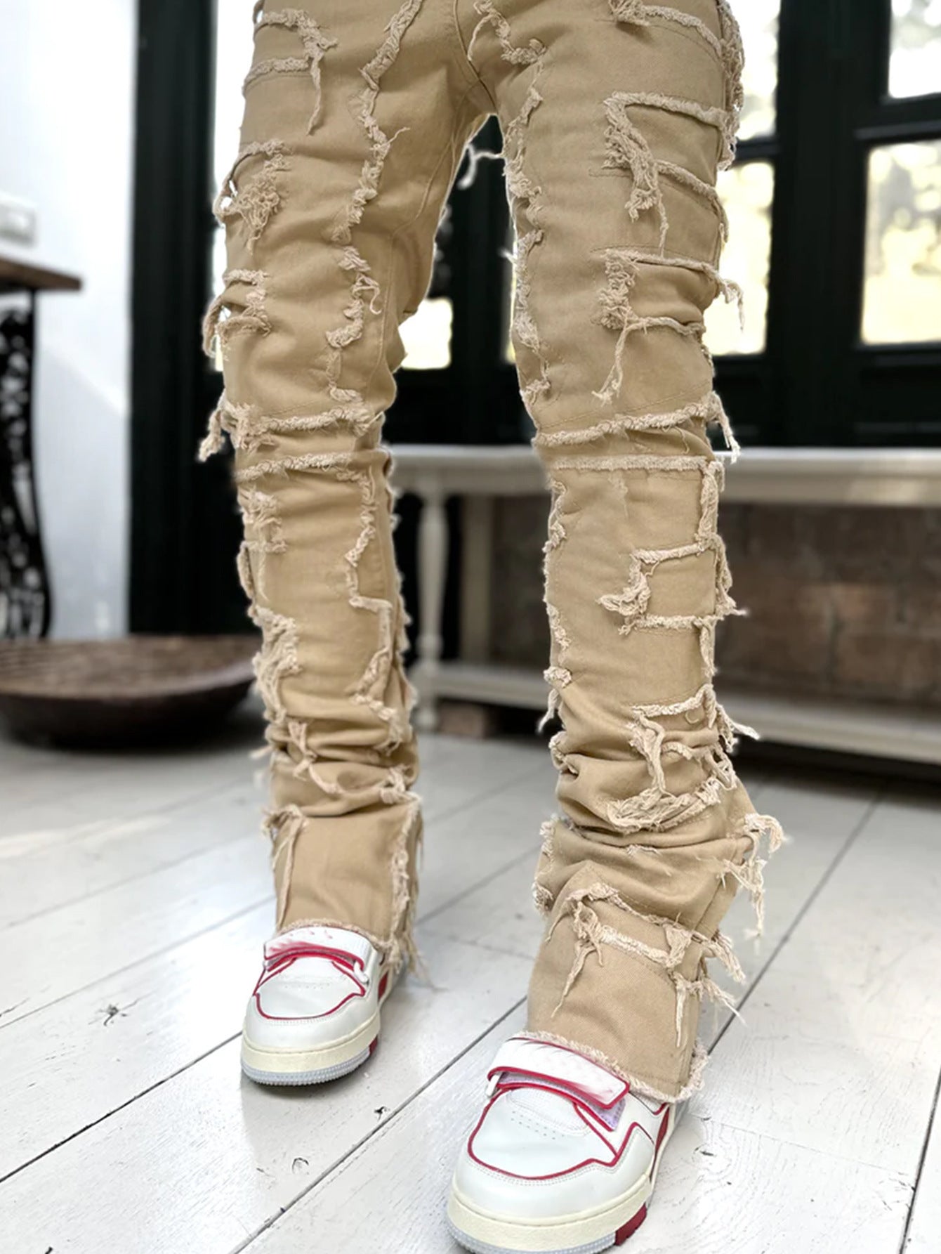 Men Trousers Individual Patched Pants Long Tight Fit Stacked Jeans For Mens Clothing - Enfance-Heureuse