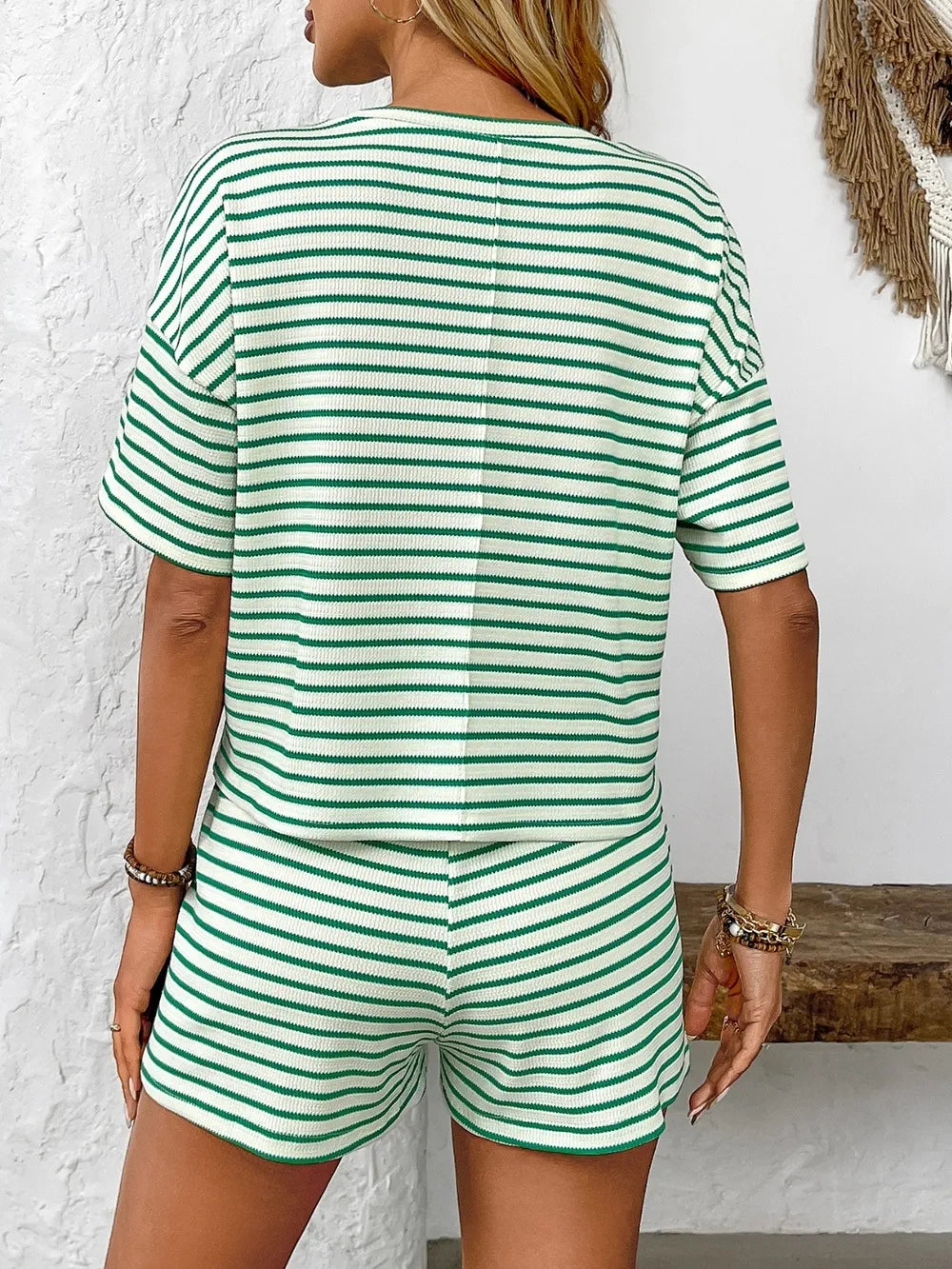Striped Round Neck Short Sleeve Top and Shorts Set - Enfance-Heureuse