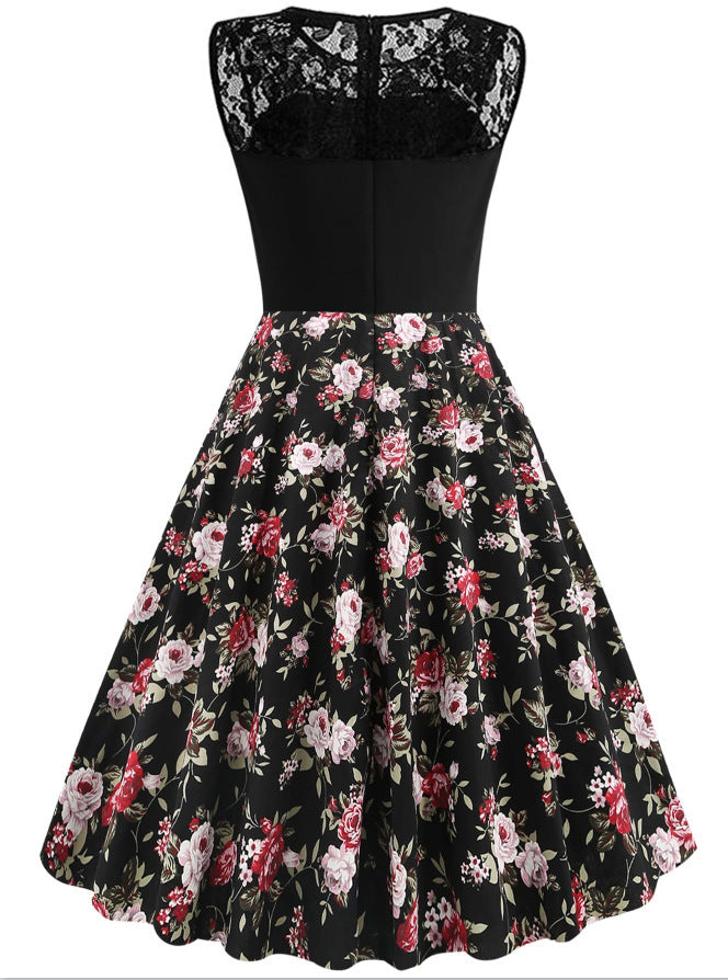Lace Stitching Sleeveless Hot-selling Floral-print Retro Dress - Enfance-Heureuse