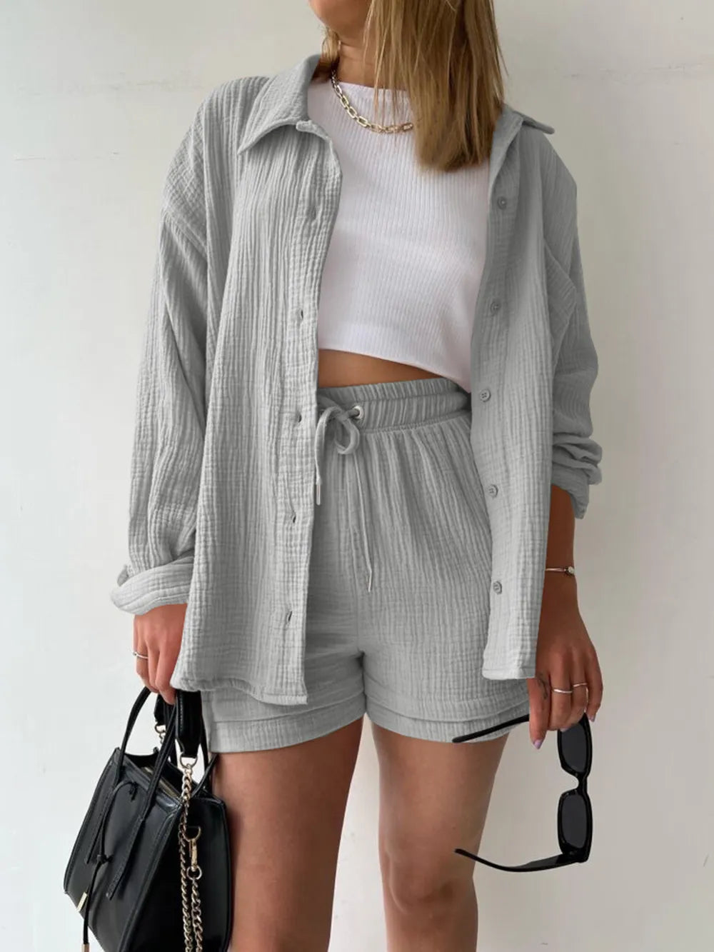 Texture Button Up Shirt and Drawstring Shorts Set - Enfance-Heureuse