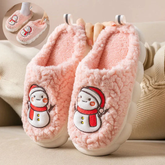 Pantoufles mignonnes de bonhomme de neige pour l'hiver, intérieur, en peluche chaude, à semelles épaisses, antidérapantes, pantoufle de maison, chaussures de maison