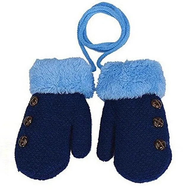 Children's Gloves Knitted And Velvet Gloves Double-Layer Thickening With Lanyard 