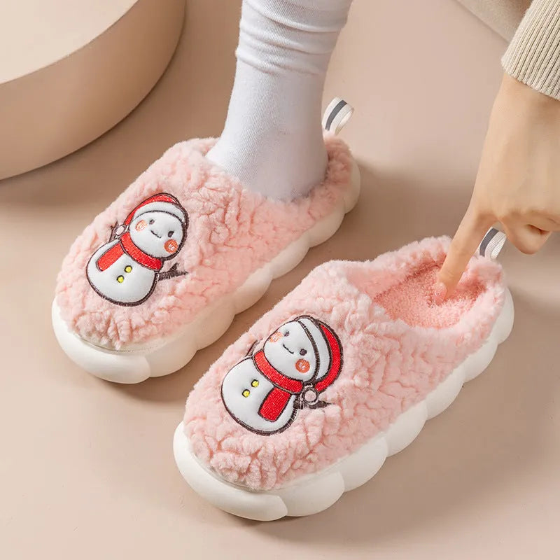 Pantoufles mignonnes de bonhomme de neige pour l'hiver, intérieur, en peluche chaude, à semelles épaisses, antidérapantes, pantoufle de maison, chaussures de maison