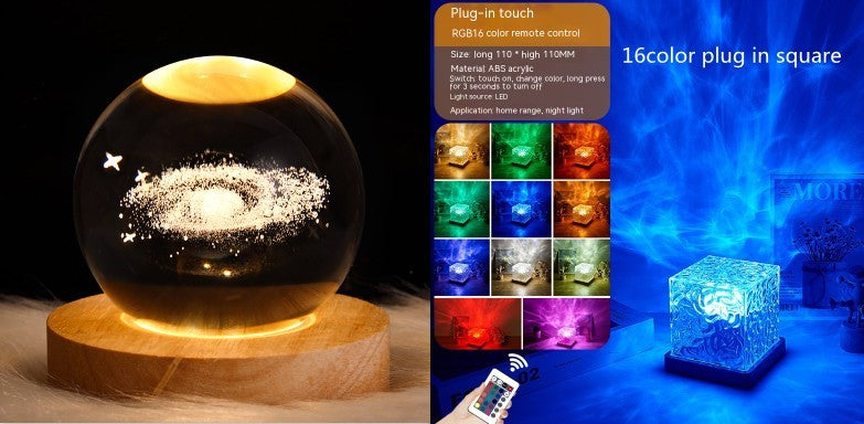 LED Water Ripple Ambient Night Light USB Rotating Projection Crystal Table Lamp RGB Dimmable Home Decoration 16 Color Gifts - Enfance-Heureuse