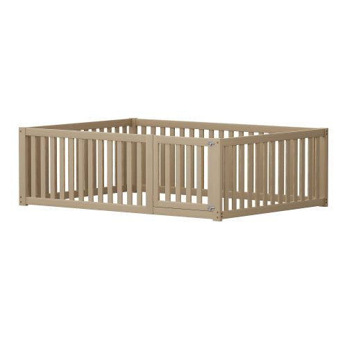 Kinderbett 140 X 200 Holzboden Bettrahmen Mit Zaun Und Tur Holzfarbe - Enfance-Heureuse
