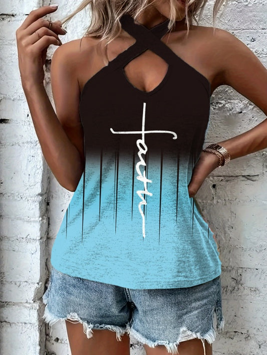 Ladies' Printed Backless Chest Hollow Hanging Neck Fashionable Casual Camisole Top - Enfance-Heureuse