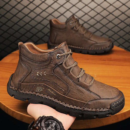 Fleece-lined Warm Mid-top Cotton-padded Shoes Soft Bottom Stitching Non-slip Men's Outdoor Leisure Shoes - Enfance-Heureuse