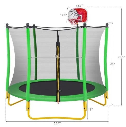 5.5FT Trampoline For Kids - 65 Outdoor & Indoor Mini Toddler Trampoline With Enclosure, Basketball Hoop And Ball Included - Enfance - Heureuse