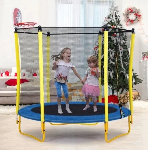 5.5FT Trampoline For Kids - 65 Outdoor & Indoor Mini Toddler Trampoline With Enclosure, Basketball Hoop And Ball Included - Enfance - Heureuse