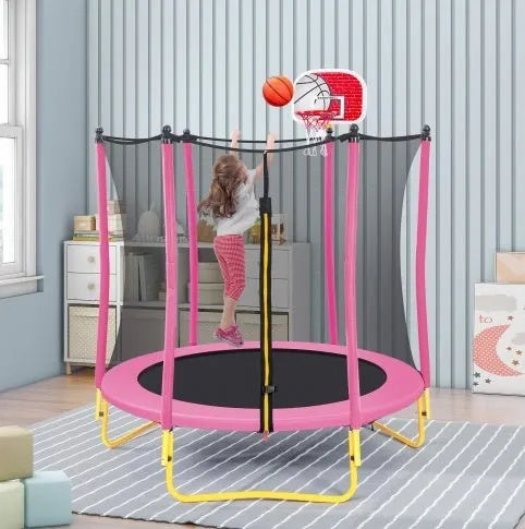 5.5FT Trampoline For Kids - 65 Outdoor & Indoor Mini Toddler Trampoline With Enclosure, Basketball Hoop And Ball Included - Enfance - Heureuse