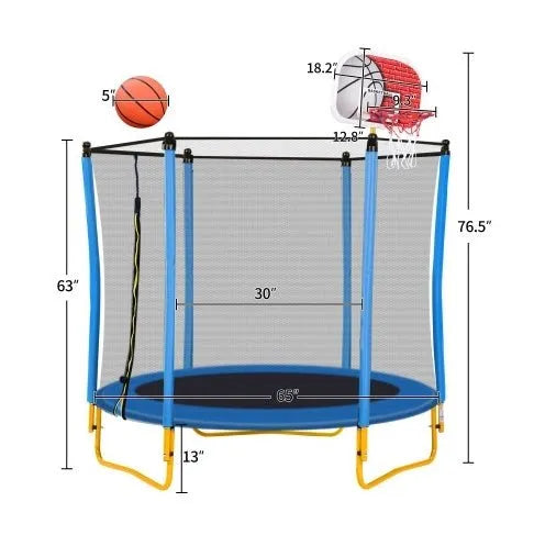 5.5FT Trampoline For Kids - 65 Outdoor & Indoor Mini Toddler Trampoline With Enclosure, Basketball Hoop And Ball Included - Enfance - Heureuse