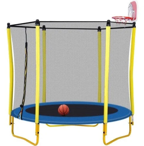 5.5FT Trampoline For Kids - 65 Outdoor & Indoor Mini Toddler Trampoline With Enclosure, Basketball Hoop And Ball Included - Enfance - Heureuse