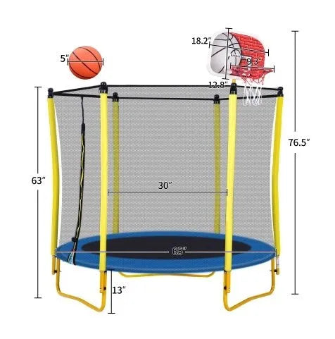 5.5FT Trampoline For Kids - 65 Outdoor & Indoor Mini Toddler Trampoline With Enclosure, Basketball Hoop And Ball Included - Enfance - Heureuse