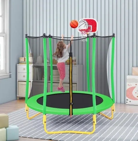 5.5FT Trampoline For Kids - 65 Outdoor & Indoor Mini Toddler Trampoline With Enclosure, Basketball Hoop And Ball Included - Enfance - Heureuse