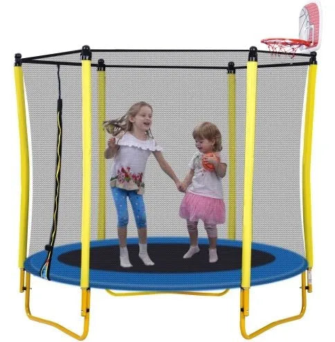 5.5FT Trampoline For Kids - 65 Outdoor & Indoor Mini Toddler Trampoline With Enclosure, Basketball Hoop And Ball Included - Enfance - Heureuse