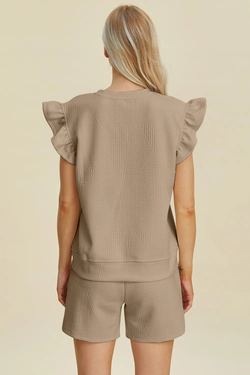 Double Take Full Size Texture Round Neck Ruffle Sleeve Top and Shorts Set - Enfance-Heureuse