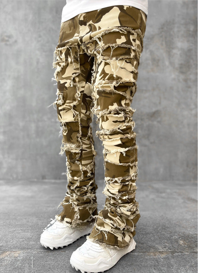 Men Trousers Individual Patched Pants Long Tight Fit Stacked Jeans For Mens Clothing - Enfance-Heureuse